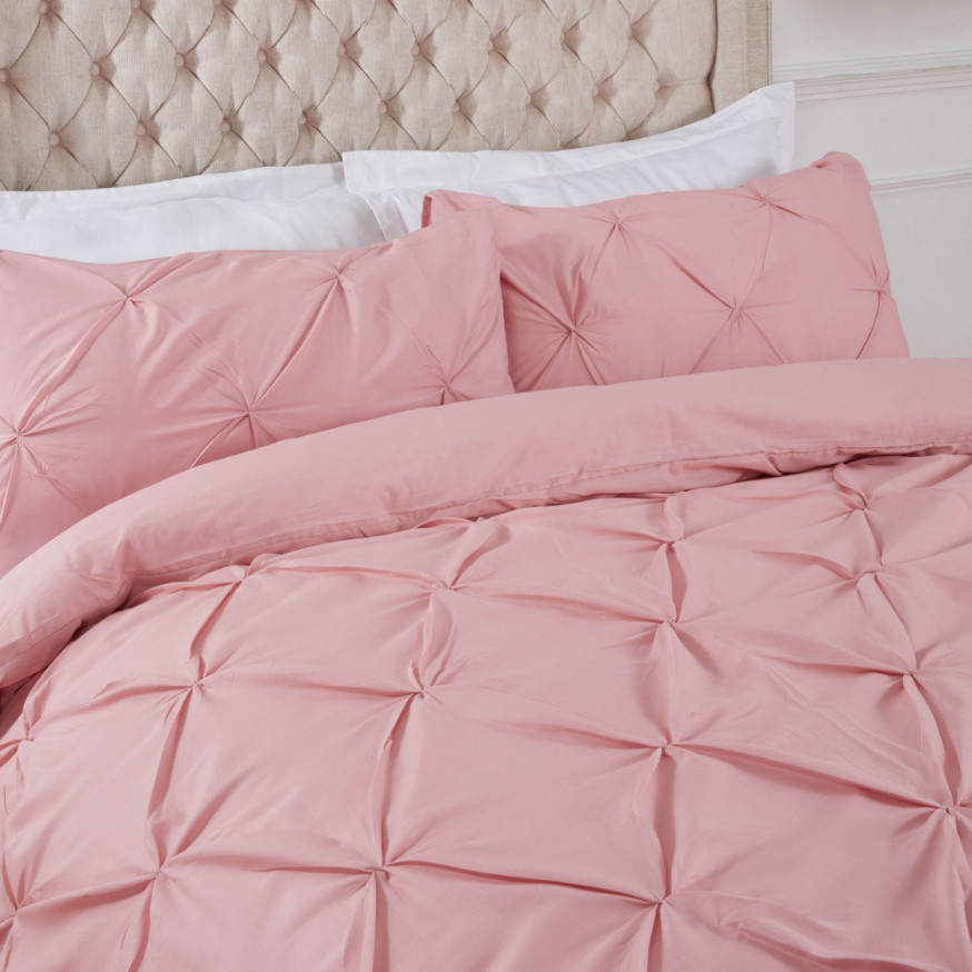 Highams Diamond Pintuck Pinch Pleat Duvet Cover Set Blush Pink
