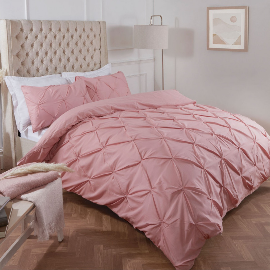 Highams Diamond Pintuck Pinch Pleat Duvet Cover Set Blush Pink