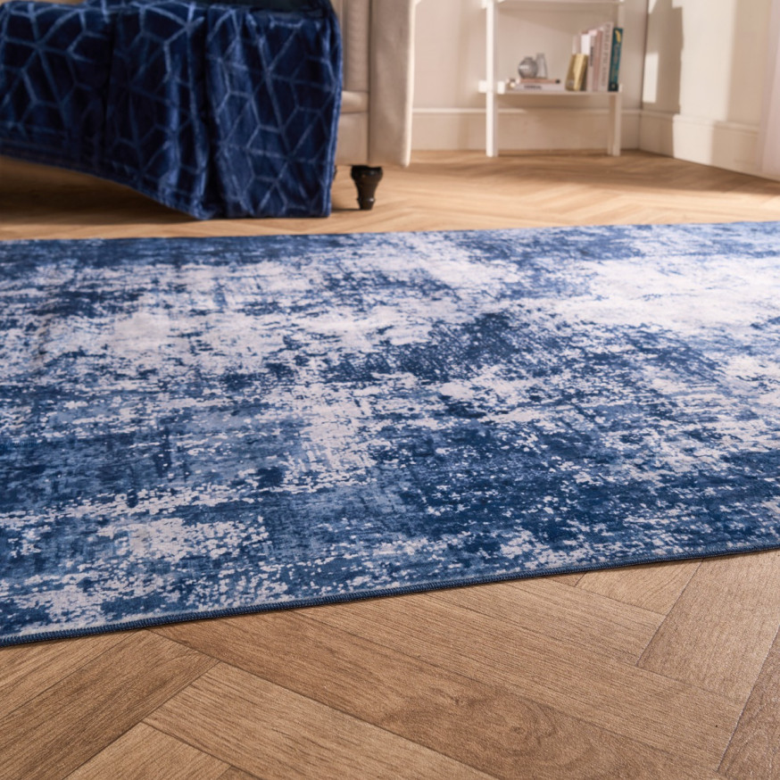 OHS Washable Abstract Printed Rug - Navy