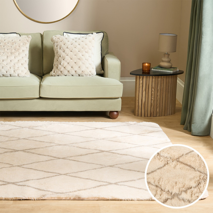 OHS Printed Fluffy Simple Geometric Rug, Natural - 80 x 150cm