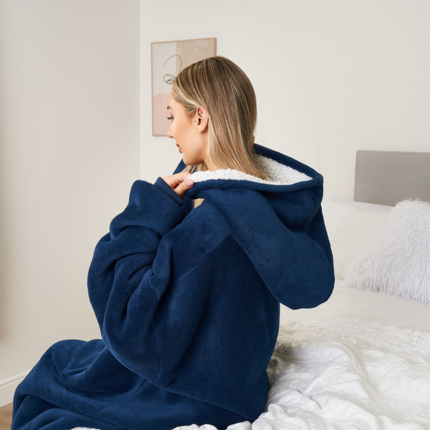 Sienna ExtraLong Sherpa Hoodie Blanket Navy