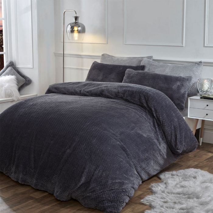 Brentfords Waffle Fleece Duvet Cover Set Charcoal Grey