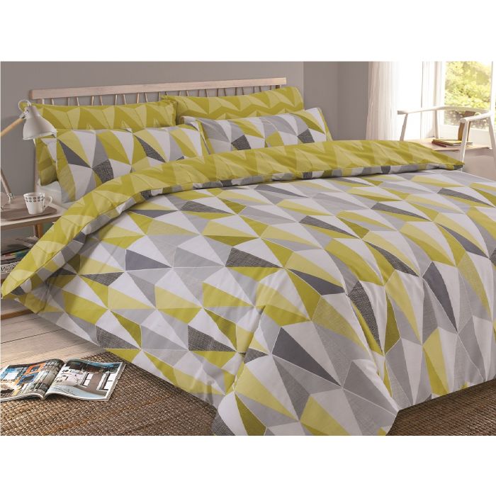 Dreamscene Billie Duvet Cover with Pillowcase Reversible Geometric Triangle Bedding Set, Yellow Ochre Black Grey - King