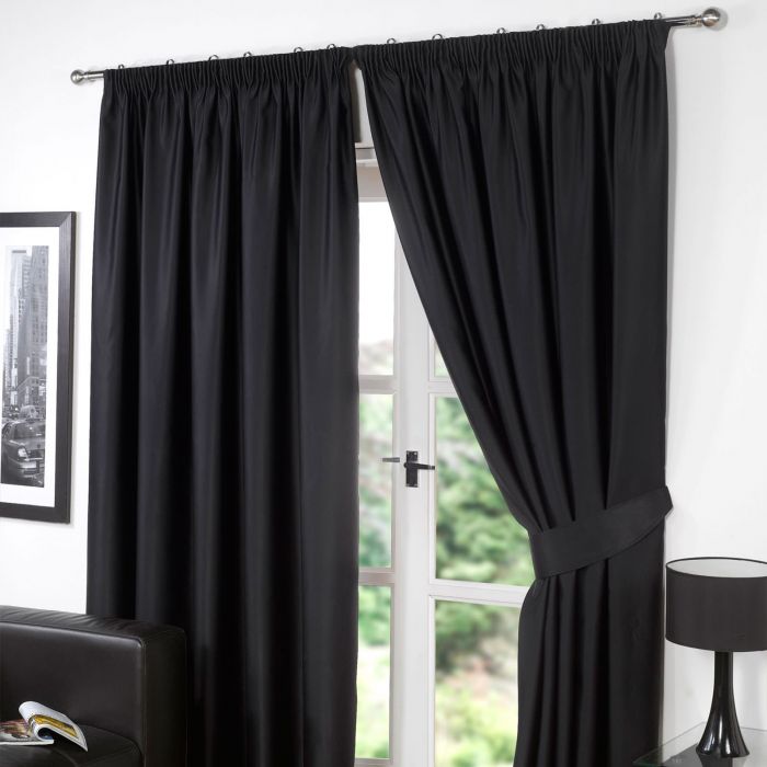 Pencil Pleat Thermal Blackout Fully Lined Curtains - Black 66x72