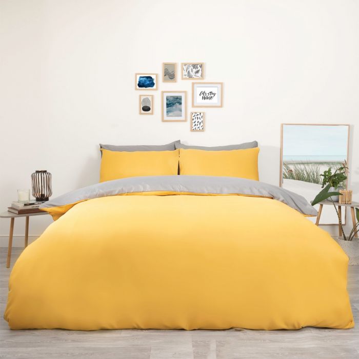 Brentfords Reversible Duvet Cover Set Ochre Yellow Grey