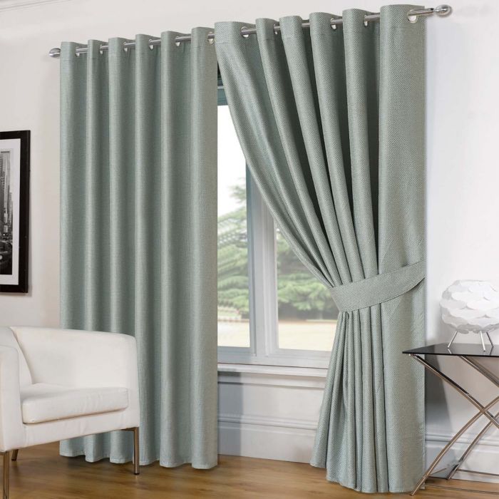 Luxury Basket Weave Lined Eyelet Curtains with Tiebacks Duck Egg 46"x54"