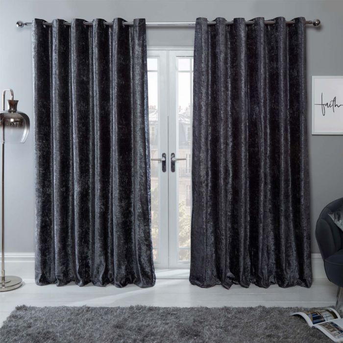 Sienna Home Crushed Velvet Eyelet Curtains - Charcoal Grey 46" x 72"