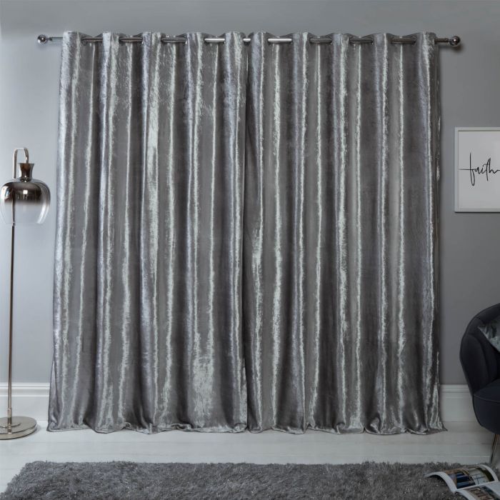 Silver Grey Width 90 x Drop 90 Sienna PAIR of Crushed Velvet Band Curtains Fully Lined Eyelet Ring Top Faux Silk Window Treatment Panels