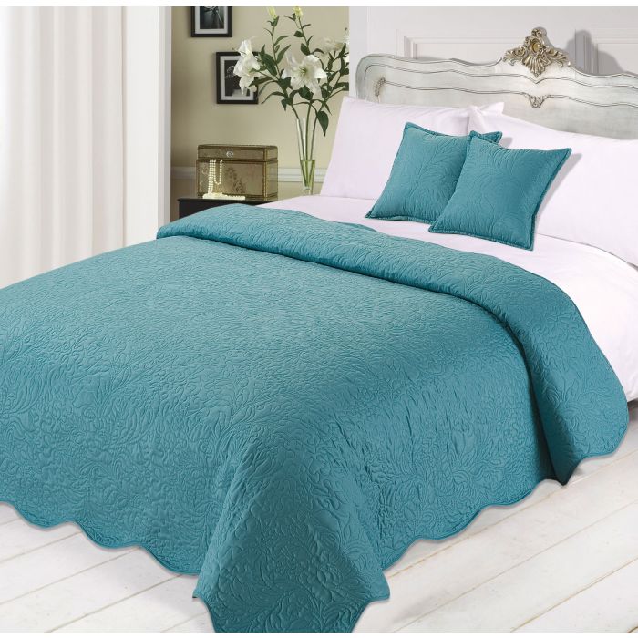 Quilted Embossed Bedspread with Cushions Set -Teal