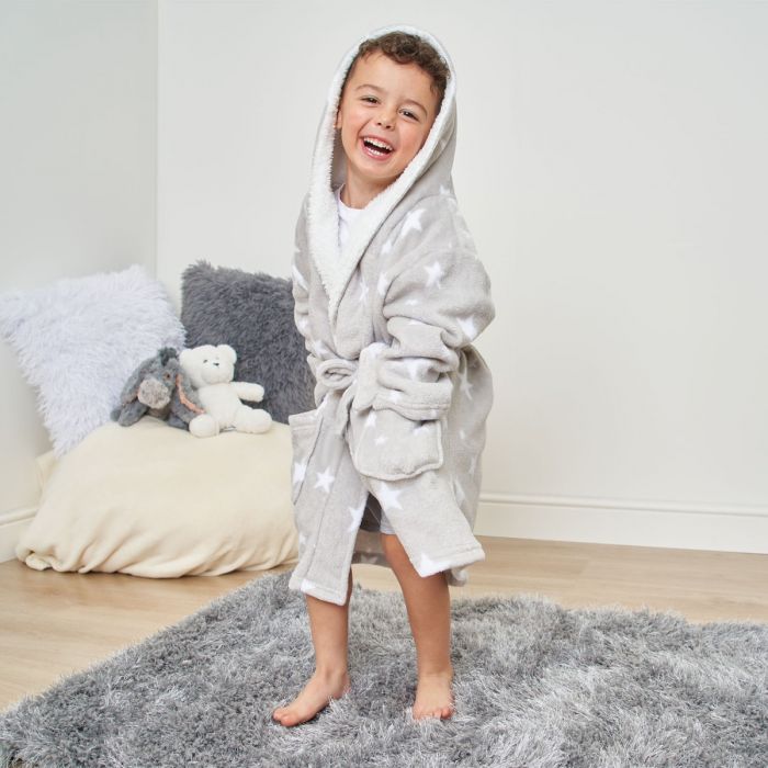 Dreamscene Kids Star Hooded Sherpa Fleece Dressing Gown - Grey