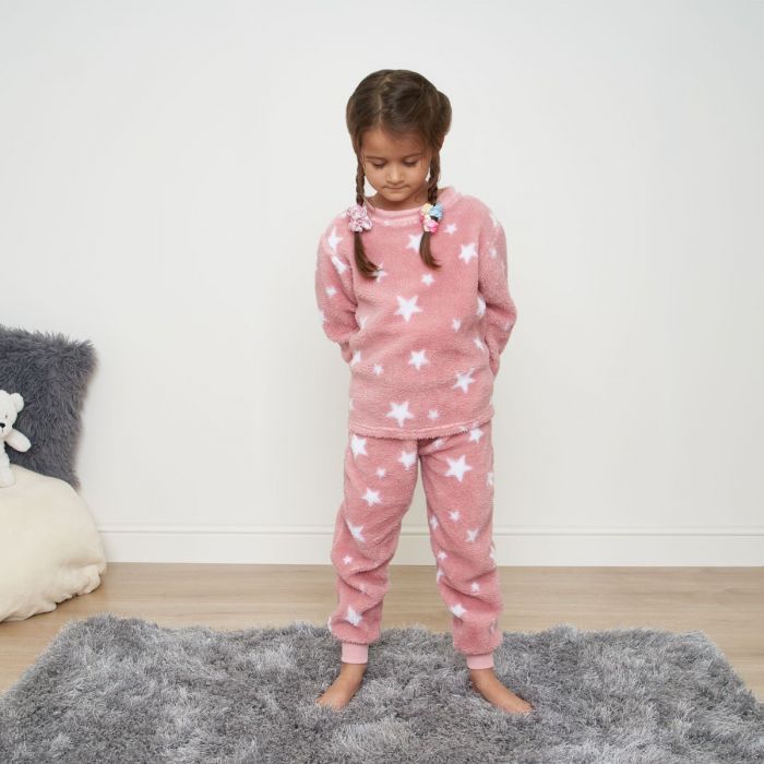 Dreamscene Kids Star Print Fleece Pyjama Set - Blush