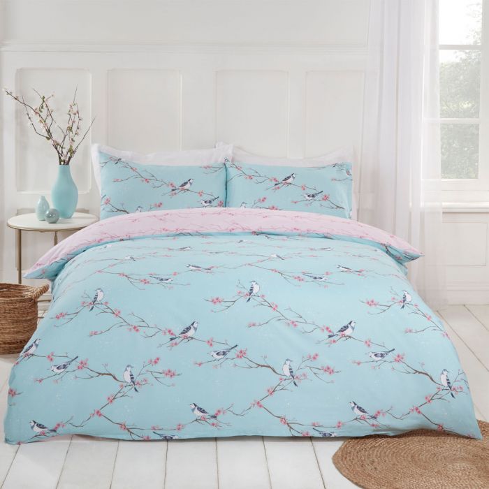 Dreamscene Blossom Bird Duvet Set, Duck Egg Blue Single