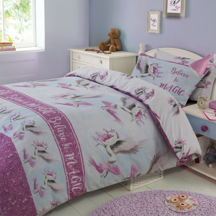 Dreamscene Flying Unicorn Duvet Cover with Pillowcase Reversible Kids Girl Fairy Bedding Set, Pink Blue White - Single