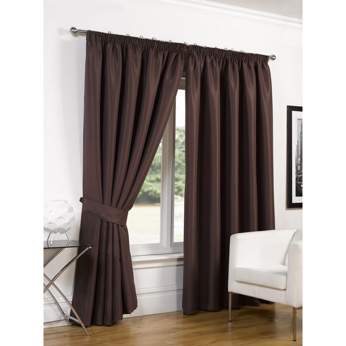 Luxury Faux Silk Blackout Curtains Including Tiebacks Chocolate 46x72