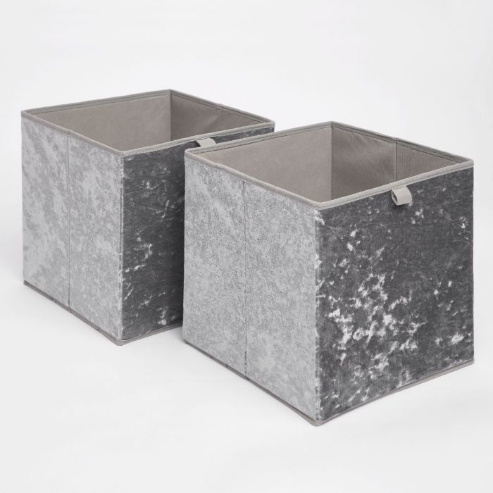 OHS Crushed Velvet Cube Storage Boxes, Grey - 2 pack