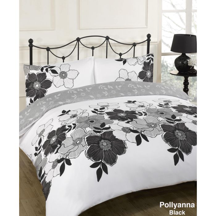 Dreamscene Pollyanna Black Floral Duvet Quilt Cover Bedding Set - Black - Single