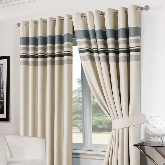 Luxury Ring Top Fully Lined Pair Thermal Blackout Ready Made Eyelet Curtain Silver Grey Striped 66" width x 90" drop including Free Tie backs