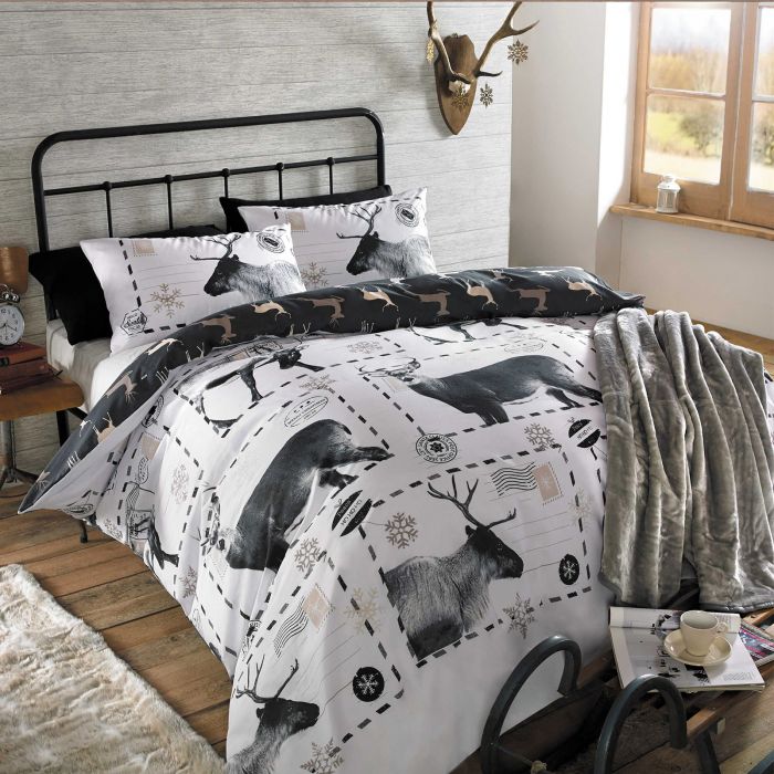Duvet Cover with Pillow Case Bedding Set Reindeer Postcard - Double