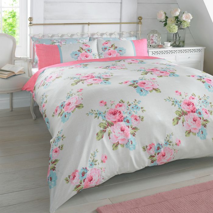 Duvet Cover with Pillowcase Bedding Set Floral Rosie Pink Blue Green - Double