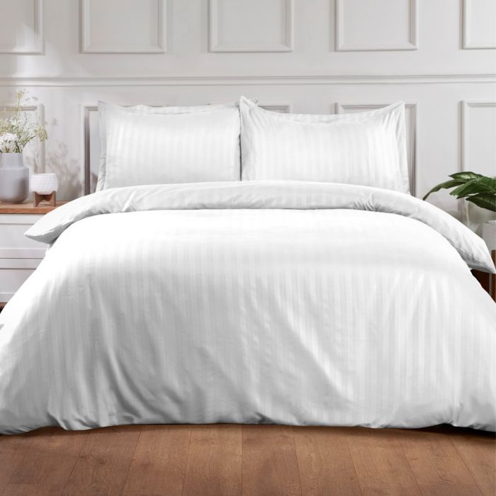 Brentfords Satin Stripe Duvet Super King Cover with Pillow Case Set - White