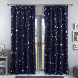 Moon and Stars Glow in the Dark Teddy Fleece Eyelet Thermal Curtains 2 Panels 