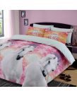 Dreamscene Unicorn Magic Duvet Cover with Pillowcase Reversible Kids Stripe Bedding Set, Pink Blue Grey - Double