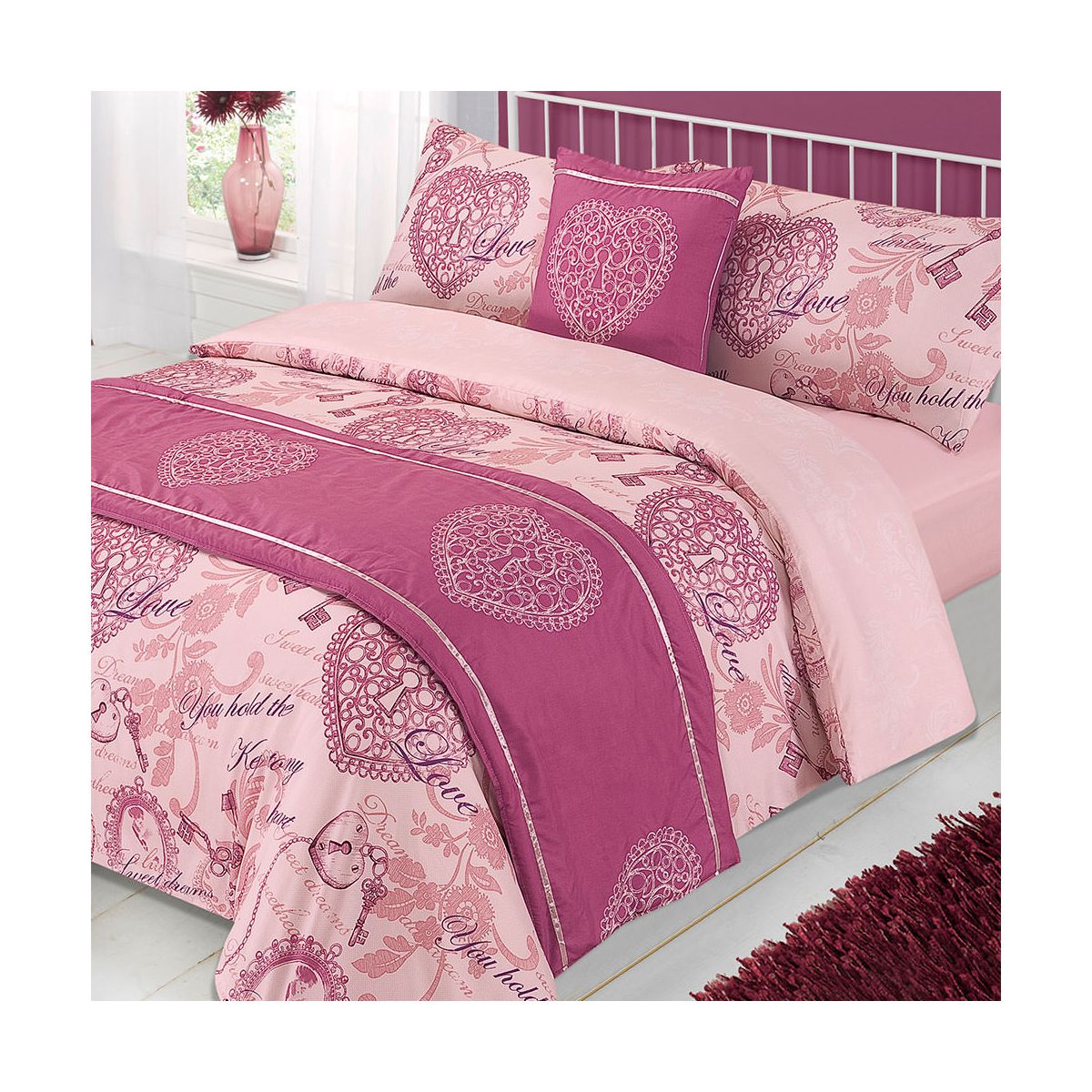 Dreamscene Antoinette Bed in a Bag Pink Love Heart Duvet Cover Set - Double