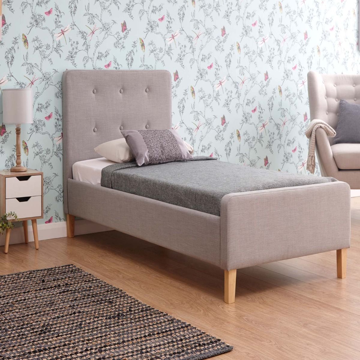 Ashbourne Upholstered Fabric Bed Frame, 3ft Single - Light Grey