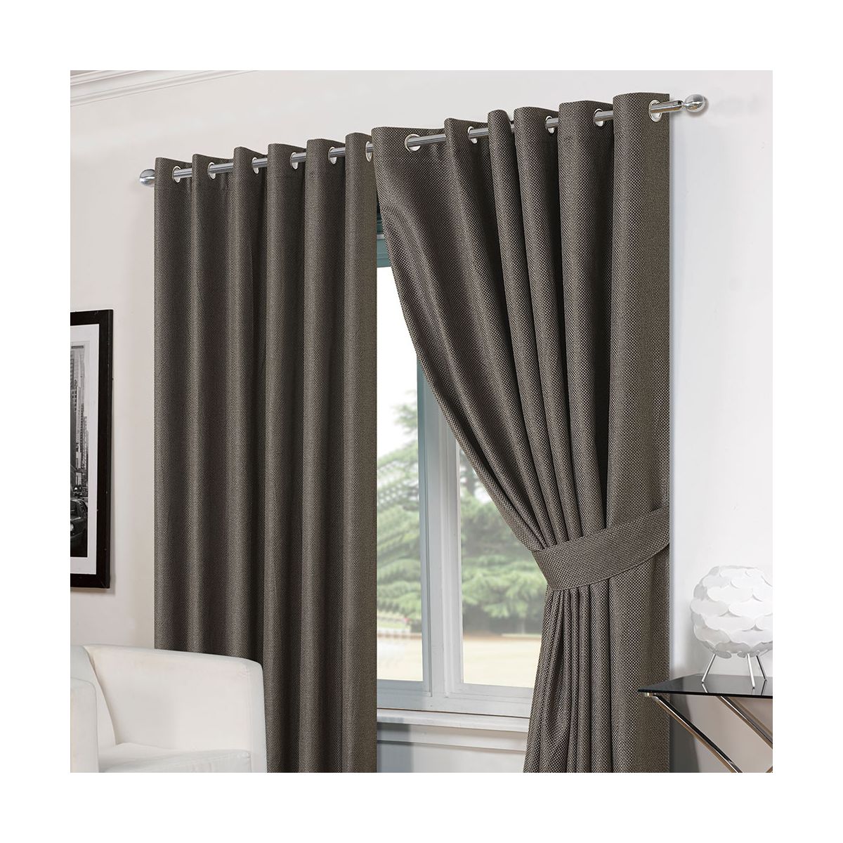 Luxury Basket Weave Lined  Eyelet Curtains with Tiebacks - Charcoal