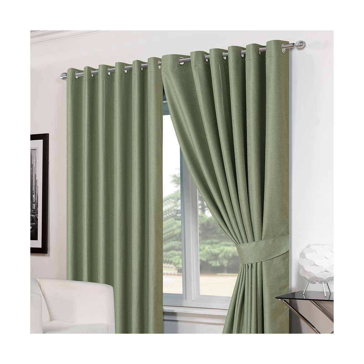 Luxury Basket Weave Lined  Eyelet Curtains with Tiebacks - Soft Green 90"x72"