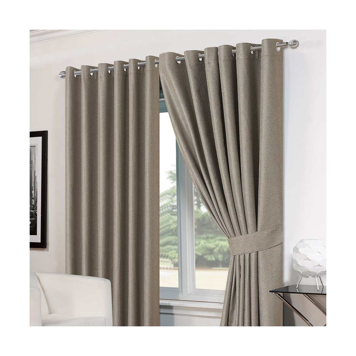 Luxury Basket Weave Lined  Eyelet Curtains with Tiebacks - Silver Grey 46"x72"