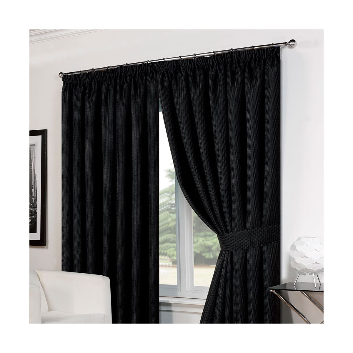 Luxury Basket Weave Lined  Tape Top Curtains with Tiebacks - Black 66x72