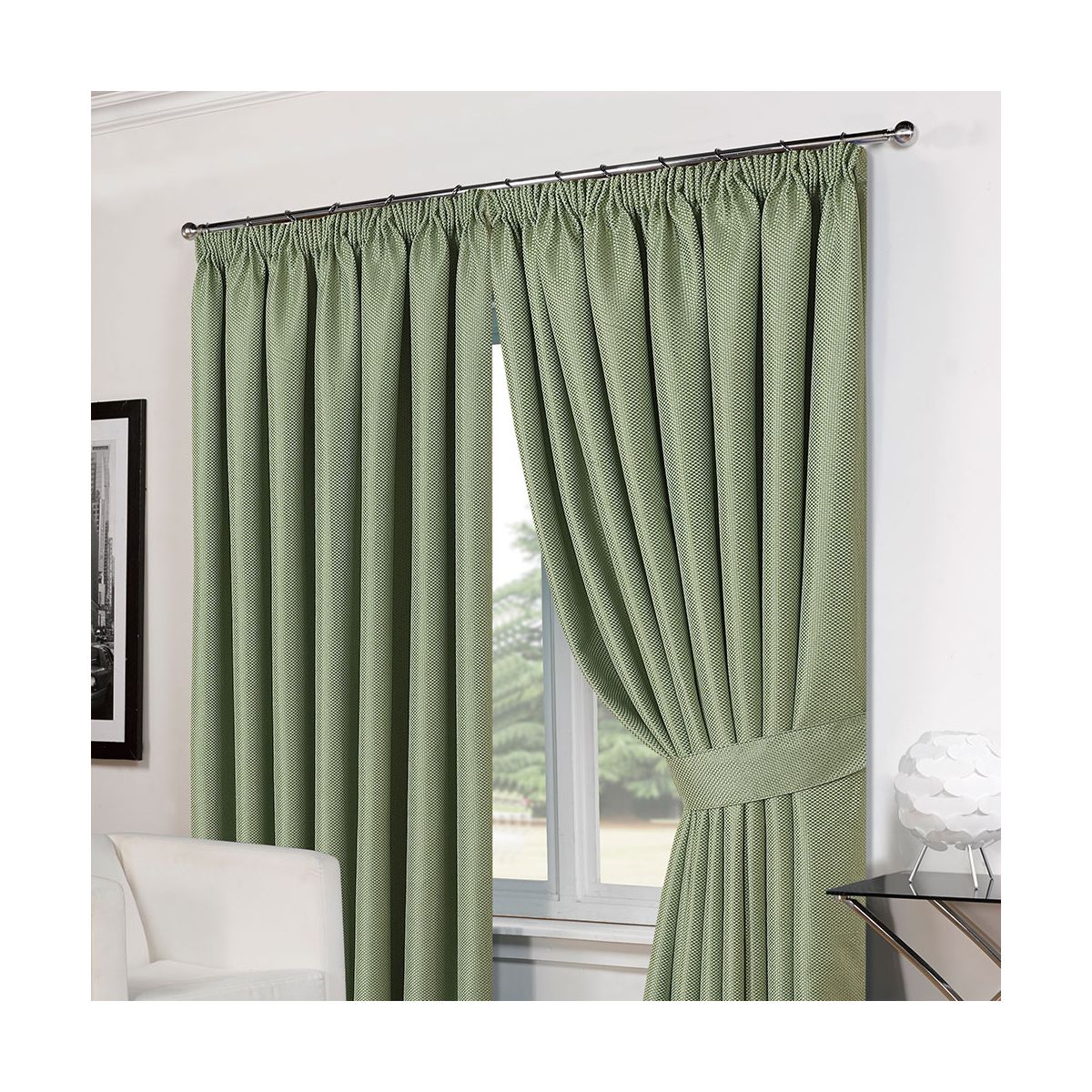 Luxury Basket Weave Lined  Tape Top Curtains with Tiebacks - Soft Green 46"x72"