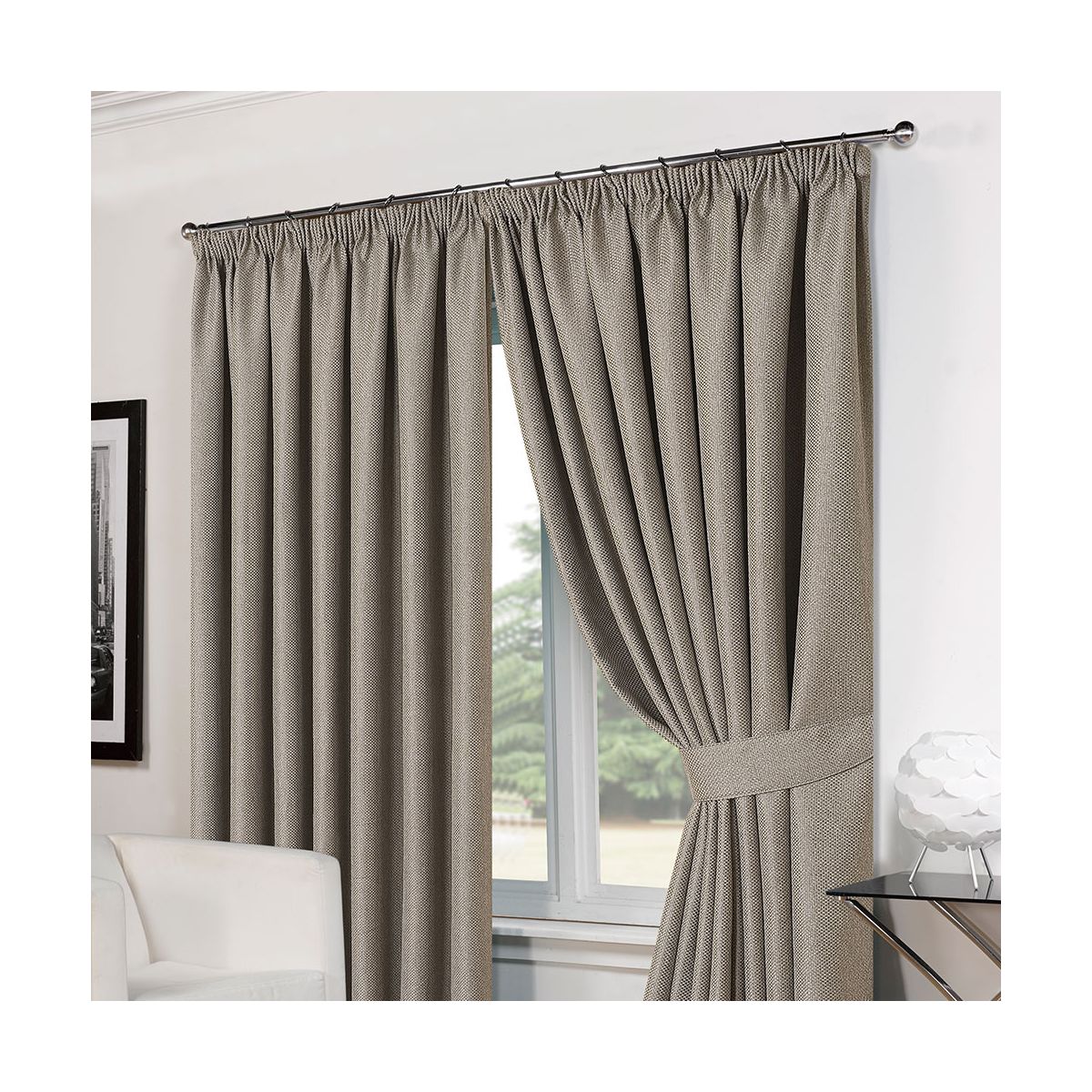 Luxury Basket Weave Lined Tape Top Curtains with Tiebacks - Silver/Grey 66x54