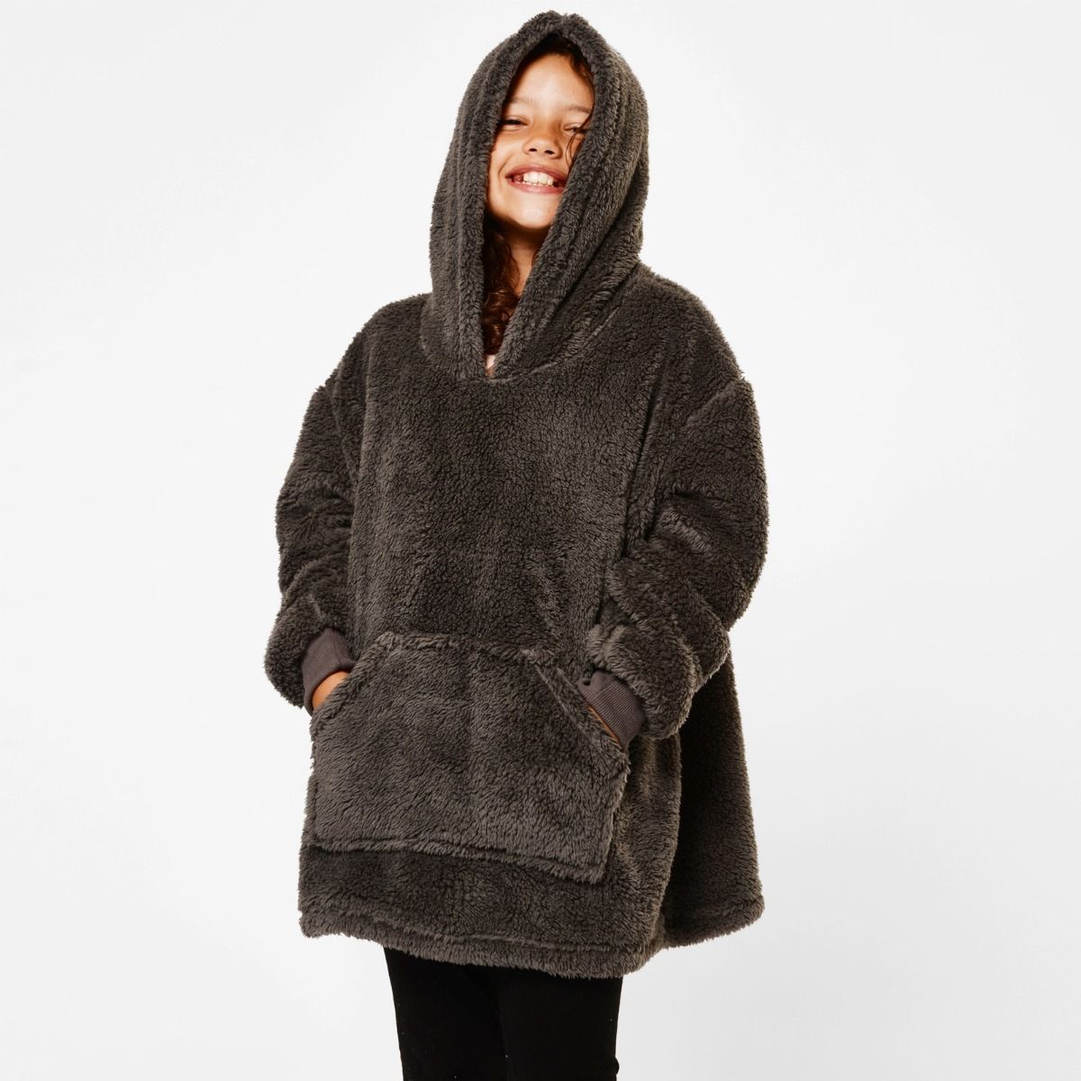 Brentfords Teddy Fleece Hoodie Blanket, Charcoal Grey - Kids - One Size