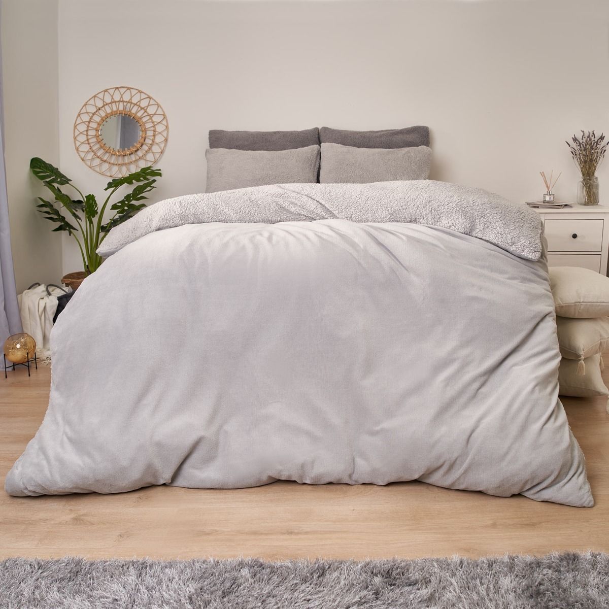 Brentfords Teddy Fleece Sherpa Reverse Duvet Cover Set Grey
