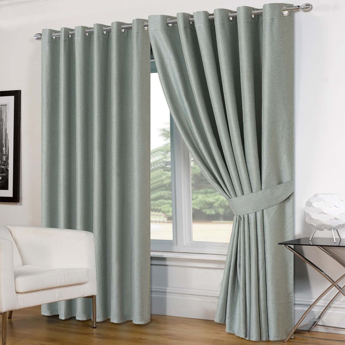 Luxury Basket Weave Lined  Eyelet Curtains with Tiebacks - Duck Egg 46"x54"