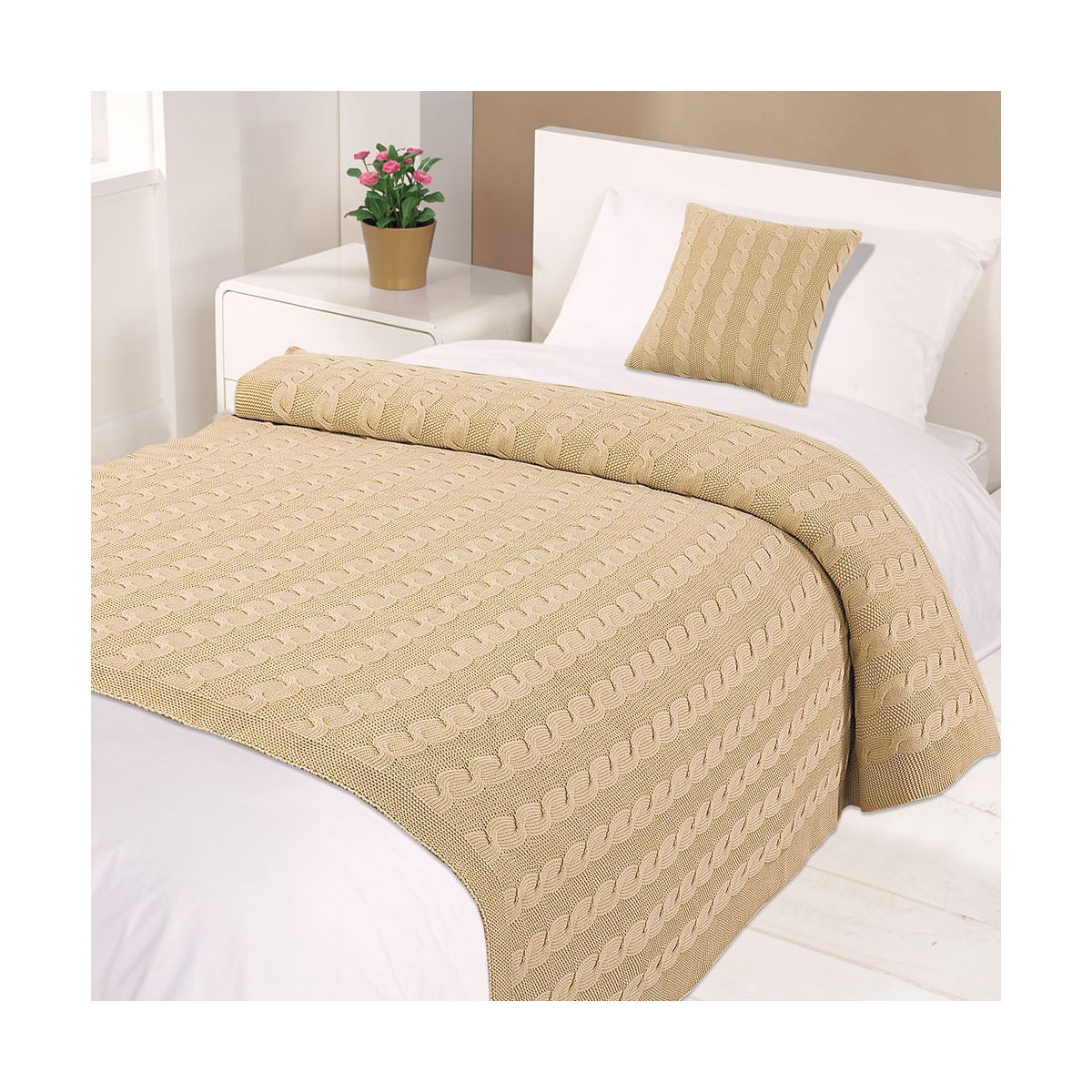 Highams Cable Knit 100% Cotton Throw - Natural Beige 