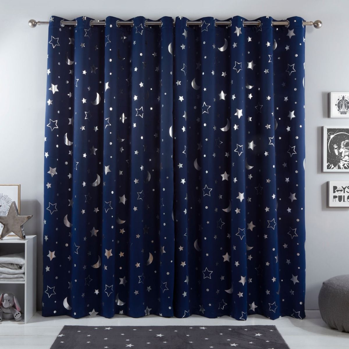 2 Panels BGmet Navy Star Blackout Curtains for Kids Bedroom Eyelet Thermal Insulated Room Darkening Printed Curtains for Living Room W46 X L90 Inch, Dark Blue 