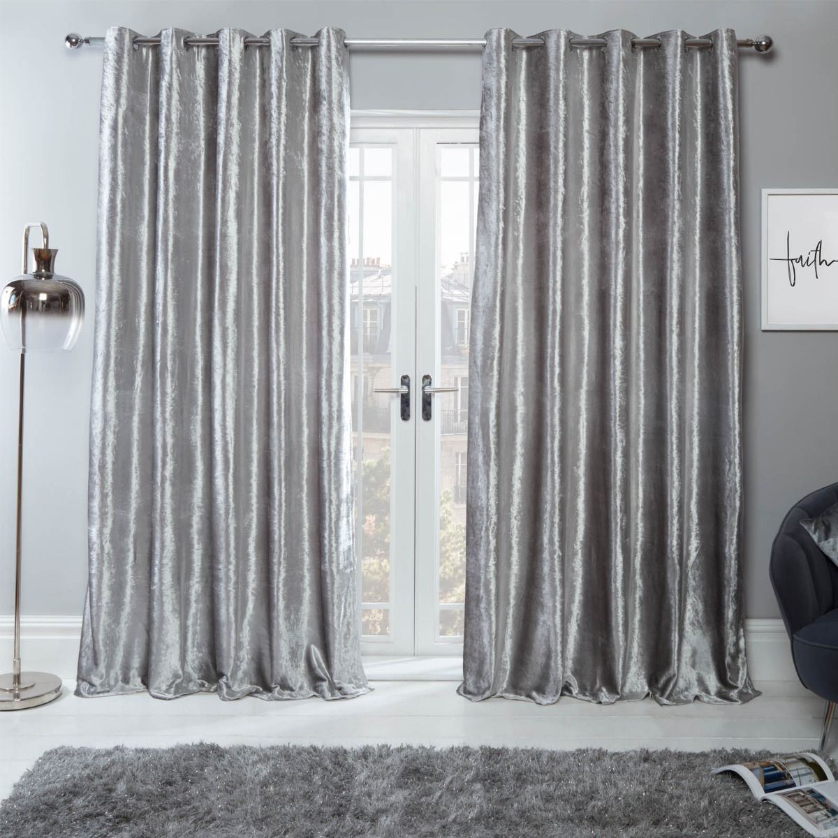 Sienna Home Crushed Velvet Eyelet Curtains - Silver 46" x 72"