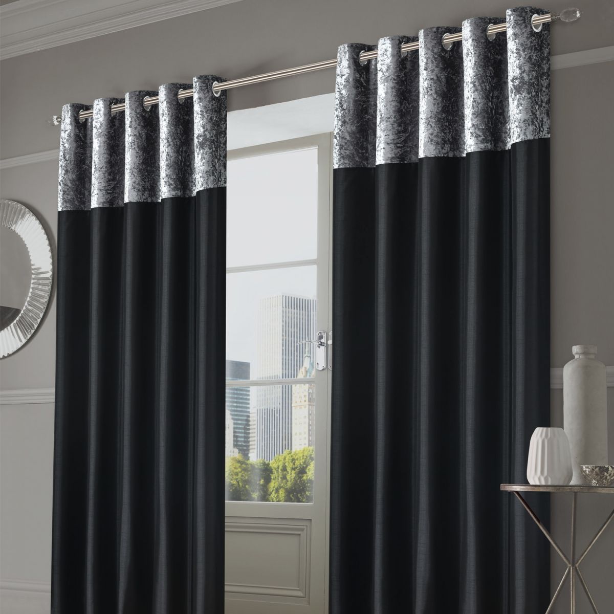 Sienna Home Manhattan Crushed Velvet Band Eyelet Curtains - Black, 90" x 54"