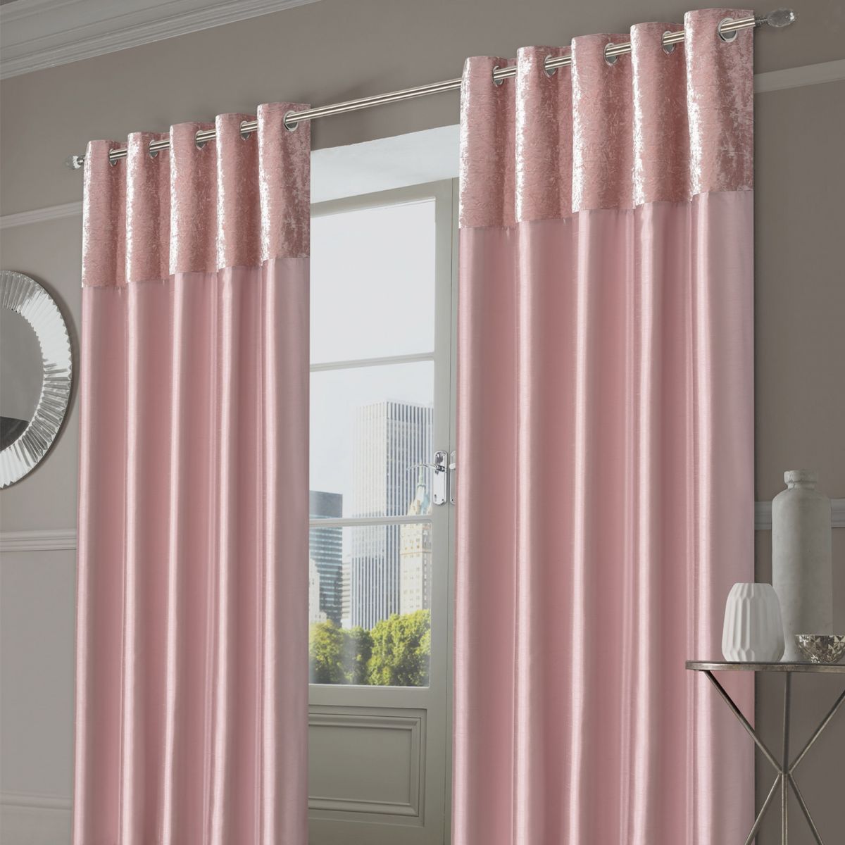 Sienna Home Manhattan Crushed Velvet Band Eyelet Curtains - Blush Pink, 90" x 90"
