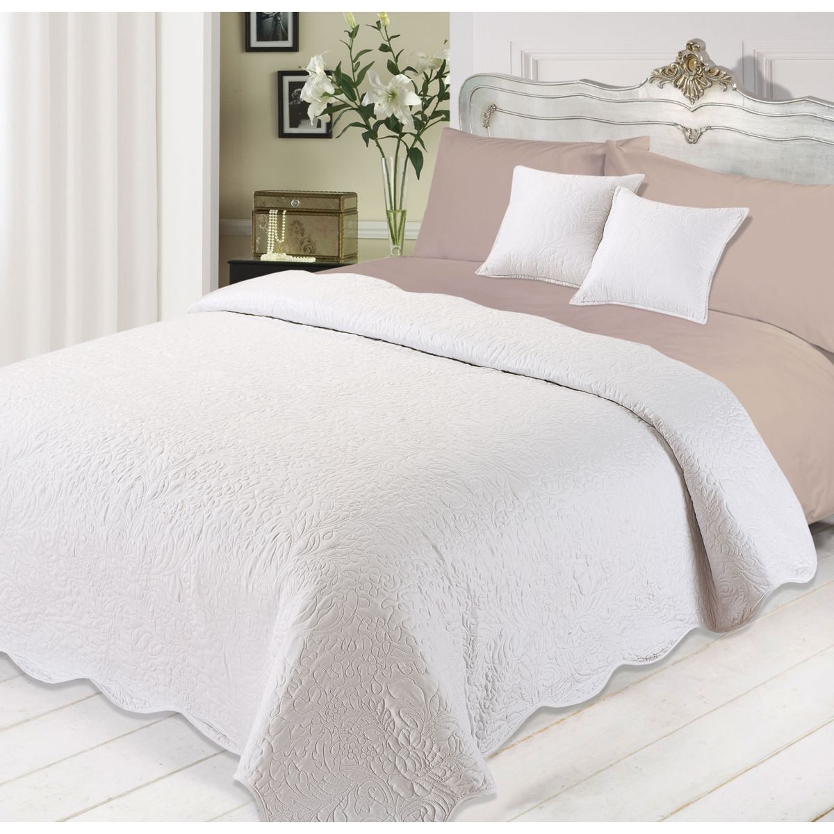 Quilted Embossed Bedspread with Cushions Set -White