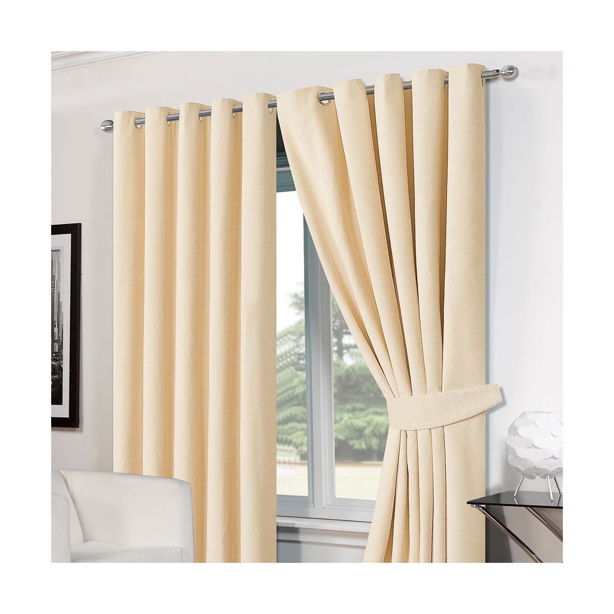 Ring Top Eyelet Chenille Lined  Ready Made Curtains Cream