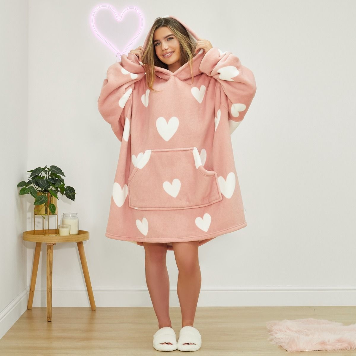 Dreamscene Heart Print Hoodie Blanket - Blush