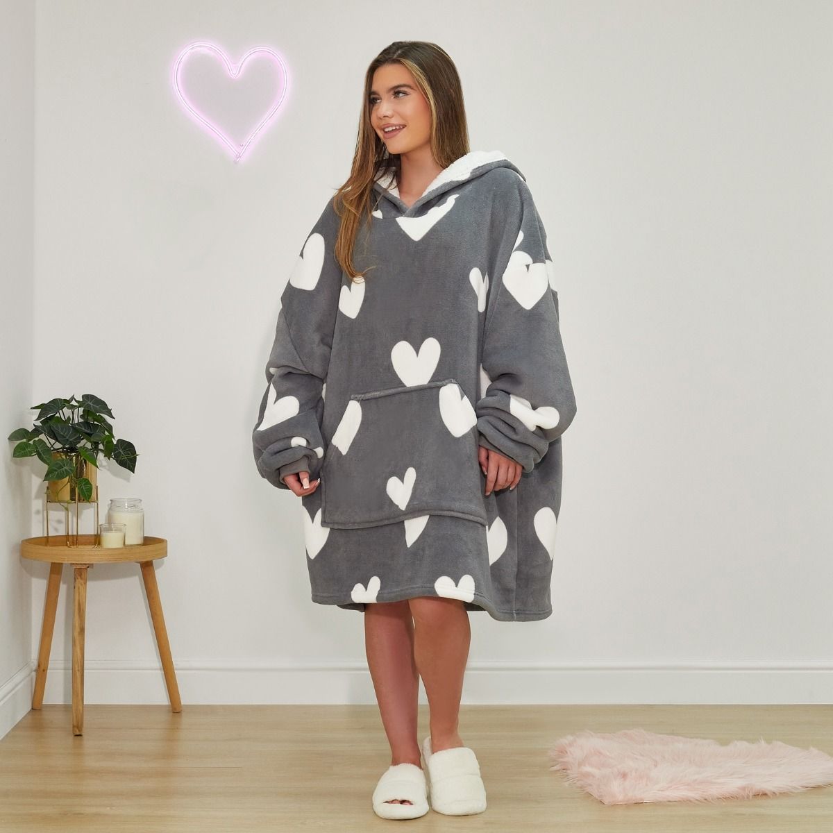 Dreamscene Heart Print Hoodie Blanket - Charcoal