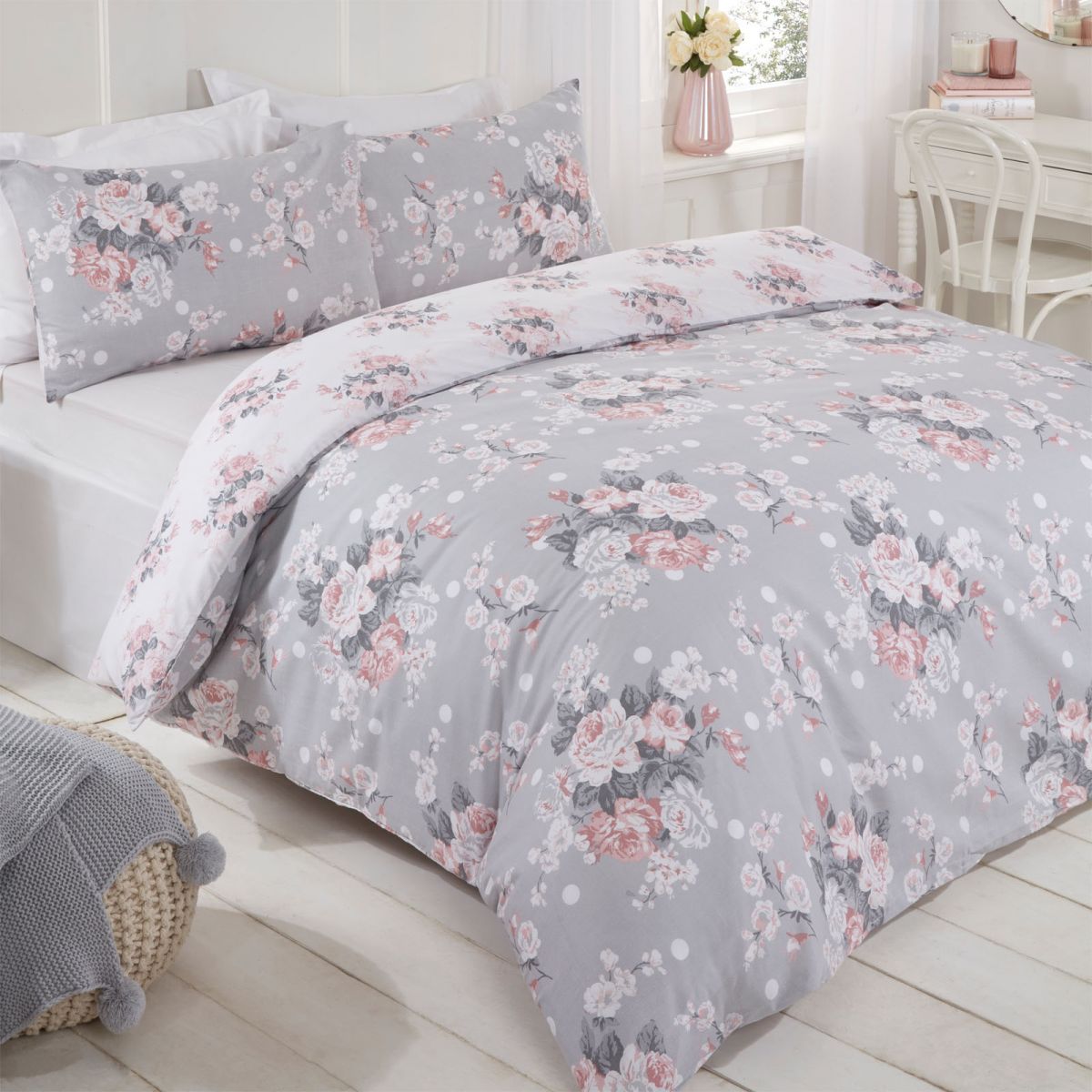 GREY PINK ROSE FLORAL KING SIZE DUVET COMFORTER COVER & PENCIL PLEAT CURTAINS 