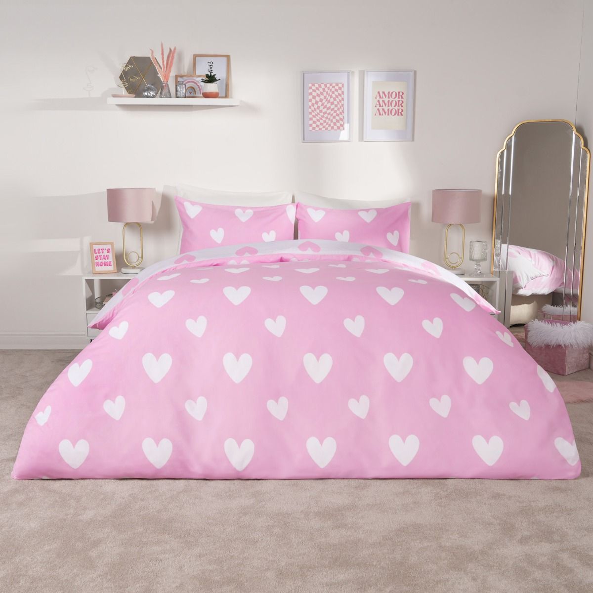 Dreamscene Heart Print Duvet Cover Set Pink