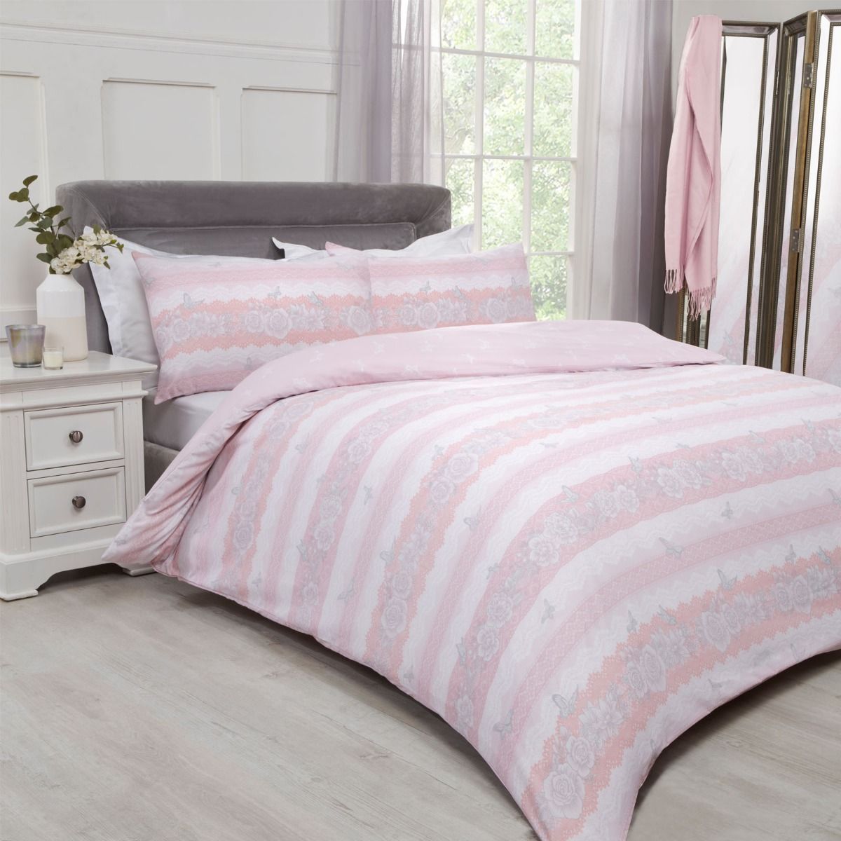 Dreamscene Lace Butterflies Duvet Cover Set, Blush Pink Single