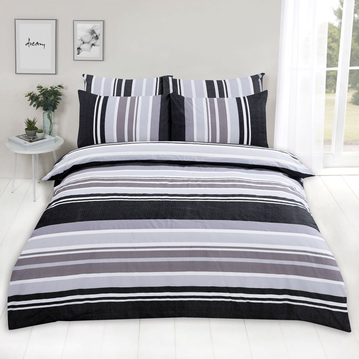 Dreamscene Wide Stripe Duvet Set - Charcoal Grey
